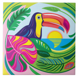 Azulejo De Cerâmica Tucano e Folhas Tropicais