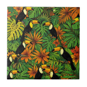 Azulejo De Cerâmica Tucanos Coloridos Folhas da Selva Tropical Hibisco
