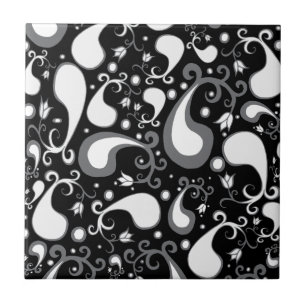 Azulejo De Cerâmica Tulip Paisley Floral abstrato preto e branco