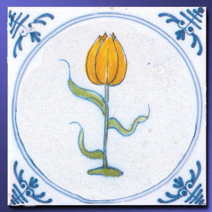 Azulejo De Cerâmica Tulipa Amarela Antiga Delft Azul e Branco