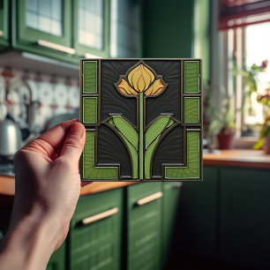 Azulejo De Cerâmica Tulipa Amarela Geométrica Flor Mid-Century