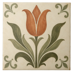 Azulejo De Cerâmica Tulipa de Terracota Antiga Botânica Arte Popular