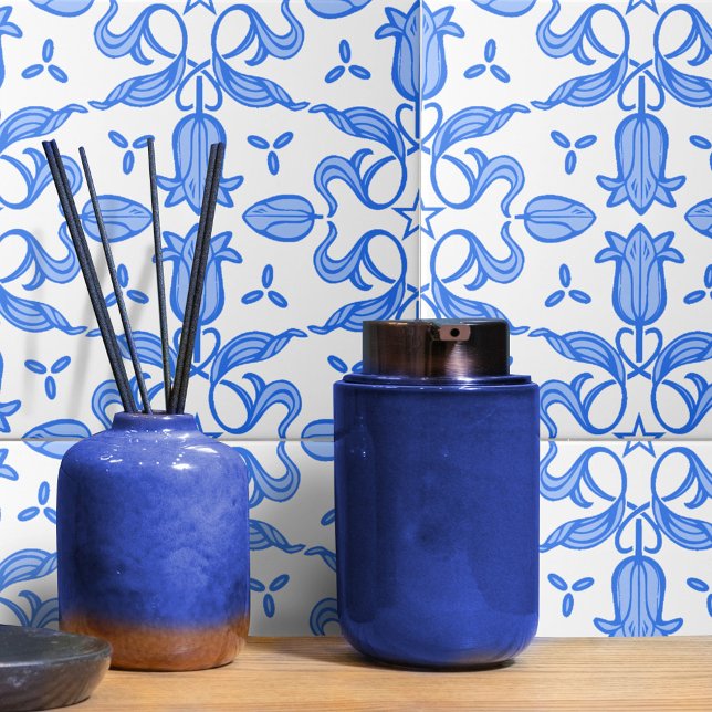 Azulejo De Cerâmica Tulipa e branco azul estrelado (Criador carregado)