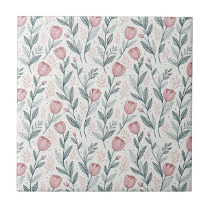 Azulejo De Cerâmica Tulipa Rosa Delicada & Padrão Floral de Desenho Li