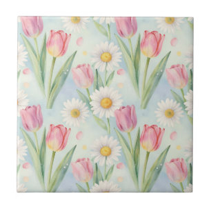 Azulejo De Cerâmica Tulipa Rosa Margarida Aquarela Padrão Primavera