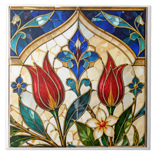 Azulejo De Cerâmica Tulipa Vermelha de Vidro Pintado Damasco & Otomano