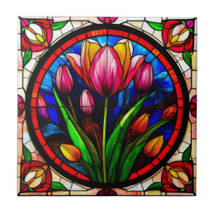 Azulejo De Cerâmica Tulipa Vermelha e Motivos Florais Coloridos
