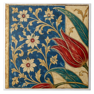 Azulejo De Cerâmica Tulipa Vermelha na Arte Floral Azul Cobalto  