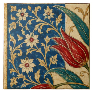Azulejo De Cerâmica Tulipa Vermelha na Arte Floral Azul Cobalto  