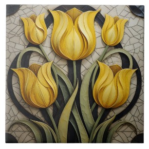 Azulejo De Cerâmica Tulipas Amarelas Arte Floral Nouveau Natureza Insp