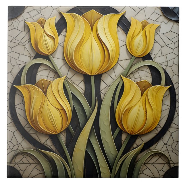 Azulejo De Cerâmica Tulipas Amarelas Arte Floral Nouveau Natureza Insp (Frente)
