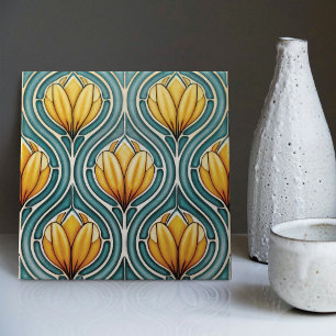 Azulejo De Cerâmica Tulipas Amarelas em Nouveau de Arte Simétrica Azul