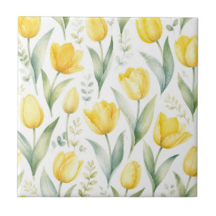 Azulejo De Cerâmica Tulipas Amarelas Pintura Floral Aquarela Botânica
