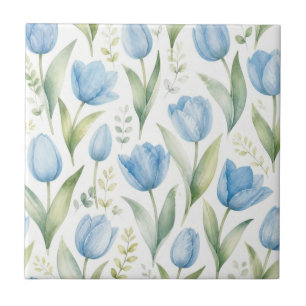 Azulejo De Cerâmica Tulipas Azuis Pintura Floral Aquarela Botânica