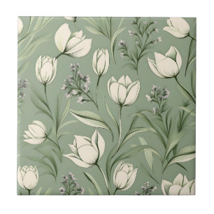 Azulejo De Cerâmica Tulipas Com Folhas Em Verde Leve