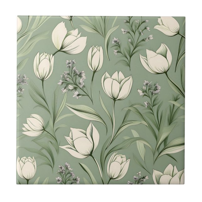 Azulejo De Cerâmica Tulipas Com Folhas Em Verde Leve (Frente)