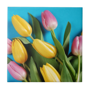 Azulejo De Cerâmica Tulipas cor-de-rosa e amarelas bonitas do