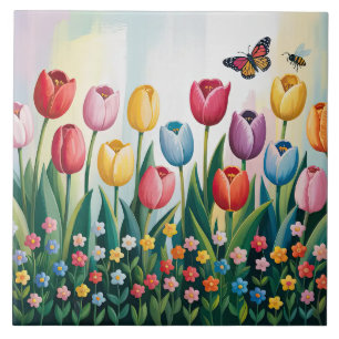 Azulejo De Cerâmica Tulipas e borboletas de primavera   Floral Colorid