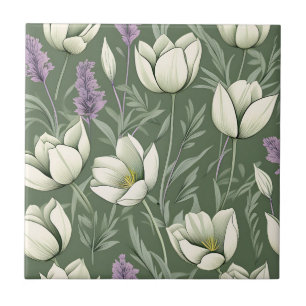 Azulejo De Cerâmica Tulipas E Lavanda Em Verde