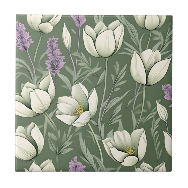 Azulejo De Cerâmica Tulipas E Lavanda Em Verde (Frente)