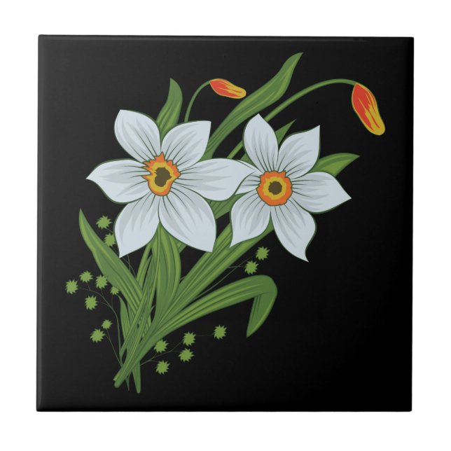 Azulejo De Cerâmica Tulipas e Narcisos Flores Fundo Preto (Frente)