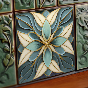 Azulejo De Cerâmica Tulipas em Azul Suave Art Nouveau Branco