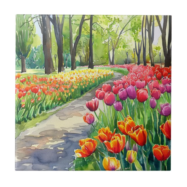 Azulejo De Cerâmica Tulipas no Parque (Frente)