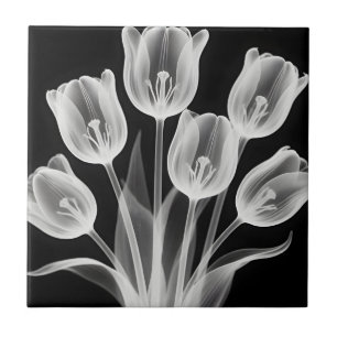 Azulejo De Cerâmica Tulipas Pretas e Brancas Elegantes Monocromáticas