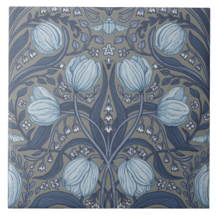Azulejo De Cerâmica Tulipas Retro Nouveau em azul e estanho