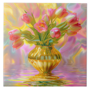 Azulejo De Cerâmica Tulipas Rosa Vibrantes em Vase Ouro