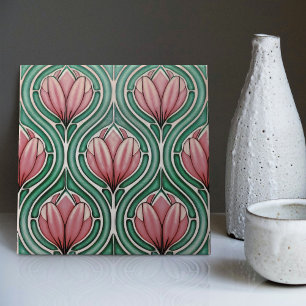 Azulejo De Cerâmica Tulipas Roxas Arte Padrão Simétrica Nouveau