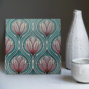 Azulejo De Cerâmica Tulipas Roxas em Arte Nova Azul Simétrica