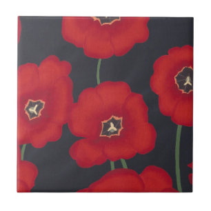 Azulejo De Cerâmica Tulipas Vermelhas Brilhantes a Preto, Trivets
