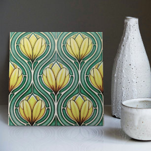 Azulejo De Cerâmica Tulips Citrus Yellow Simmetric Patterno Art Nouvea
