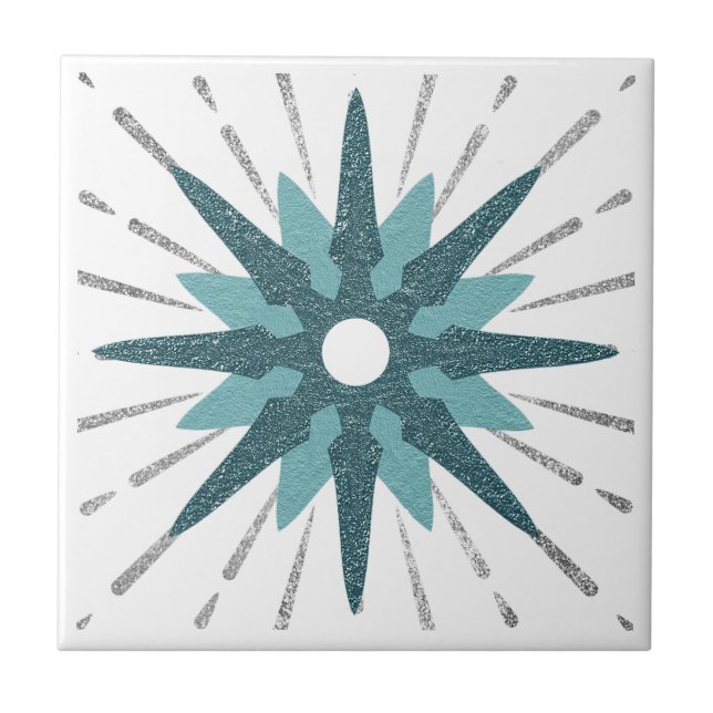 Azulejo De Cerâmica Turbilhão de Estrela Turquesa e Prata (Frente)