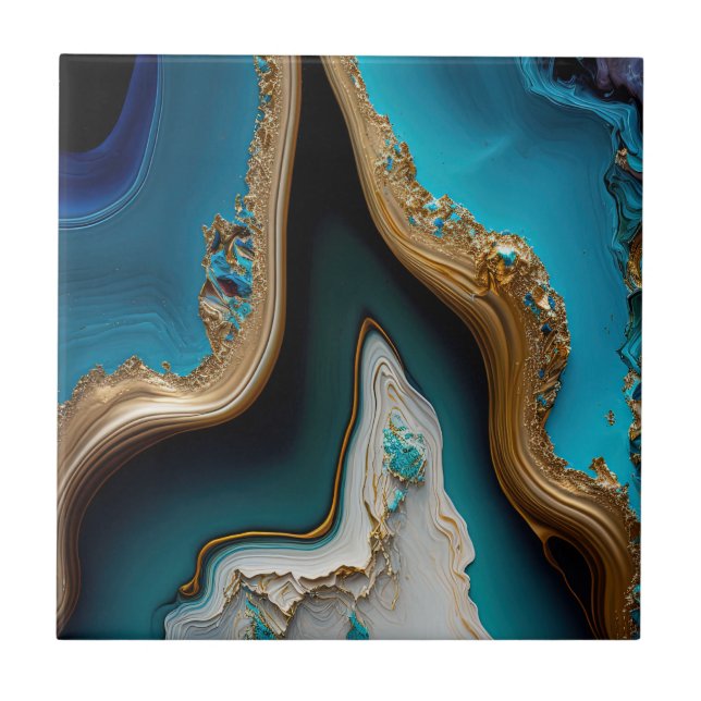 Azulejo De Cerâmica Turquesa Aqua Azul Gemstone Azul Dourado Acrísio A (Frente)