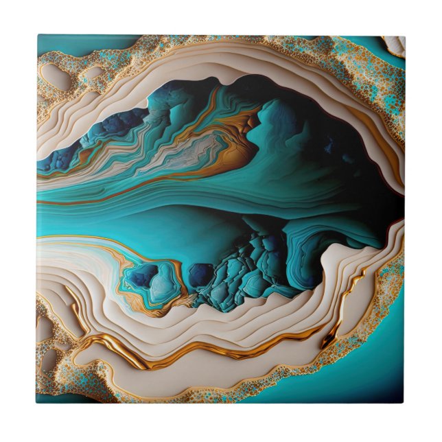 Azulejo De Cerâmica Turquesa Aqua Azul Gemstone Azul Dourado Acrísio A (Frente)