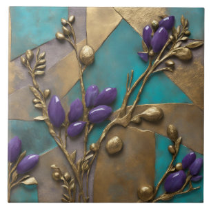 Azulejo De Cerâmica Turquesa & Arte Floral em Relevo Dourado com Roxo