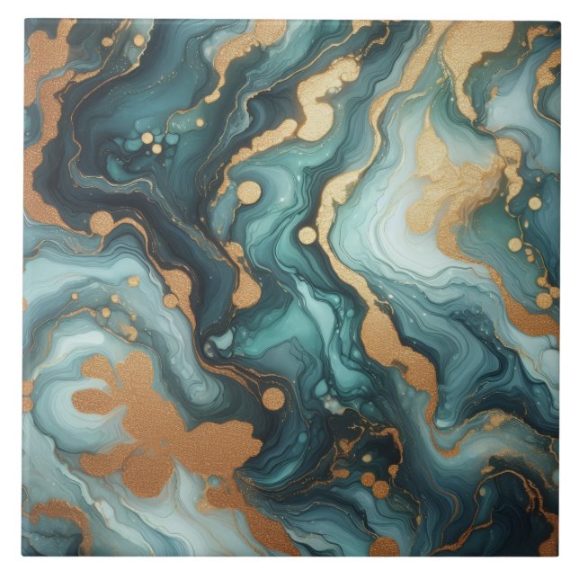 Azulejo De Cerâmica Turquesa Azul e Ouro Tinta Álcool (Frente)