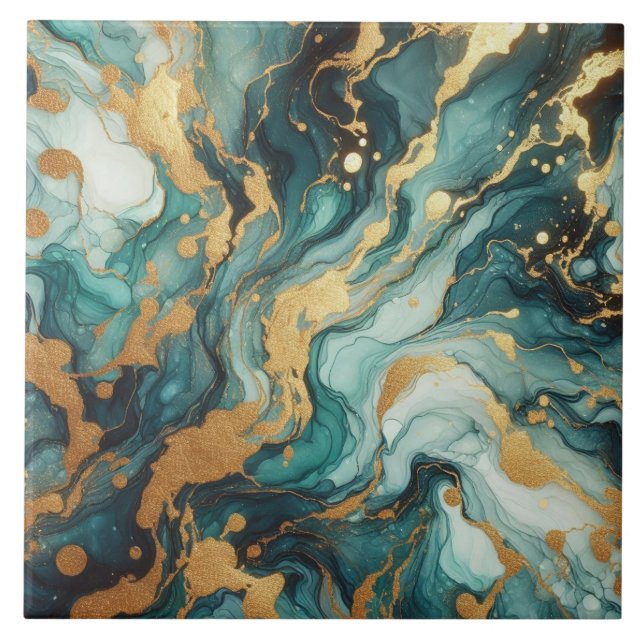 Azulejo De Cerâmica Turquesa Azul e Ouro Tinta Álcool (Frente)