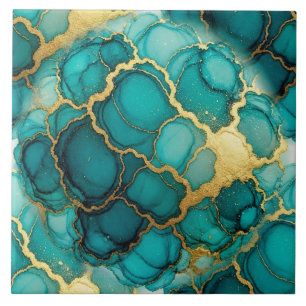 Azulejo De Cerâmica Turquesa Azul e Ouro Tinta Álcool