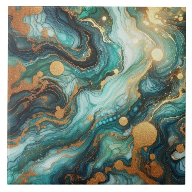 Azulejo De Cerâmica Turquesa Azul e Ouro Tinta Álcool (Frente)