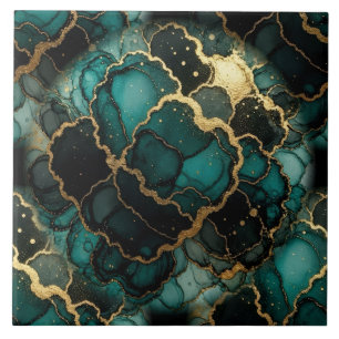 Azulejo De Cerâmica Turquesa Azul, Preto e Dourado Tinta Álcool