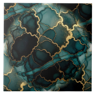 Azulejo De Cerâmica Turquesa Azul, Preto e Dourado Tinta Álcool