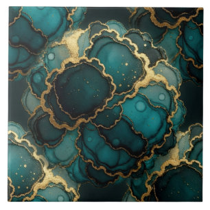 Azulejo De Cerâmica Turquesa Azul, Preto e Dourado Tinta Álcool