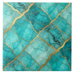 Azulejo De Cerâmica Turquesa Azul Teal e Mármore Dourado