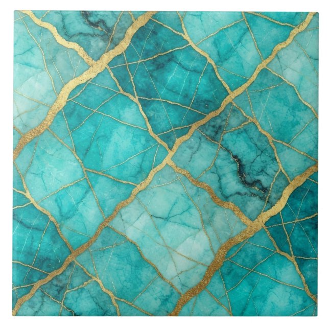 Azulejo De Cerâmica Turquesa Azul Teal e Mármore Dourado (Frente)