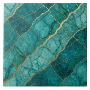 Azulejo De Cerâmica Turquesa Azul Teal e Mármore Dourado