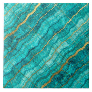 Azulejo De Cerâmica Turquesa Azul Teal e Mármore Dourado