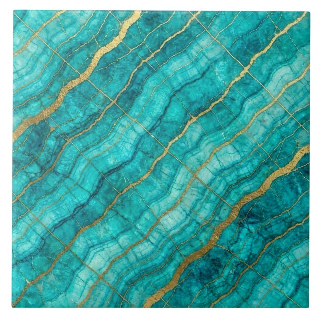 Azulejo De Cerâmica Turquesa Azul Teal e Mármore Dourado (Frente)